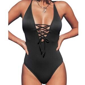 Women Black Ribbed Cupshe One Piece Swimsuit Lace Up V Neck Crisscross Medium